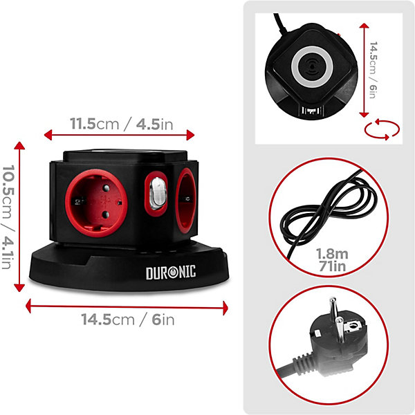 ET4W Tour multiprise 4 prises 3680W 13A 3x USB recharge sans fil Câble 1,8m Parasurtenseur protection surtension Duronic