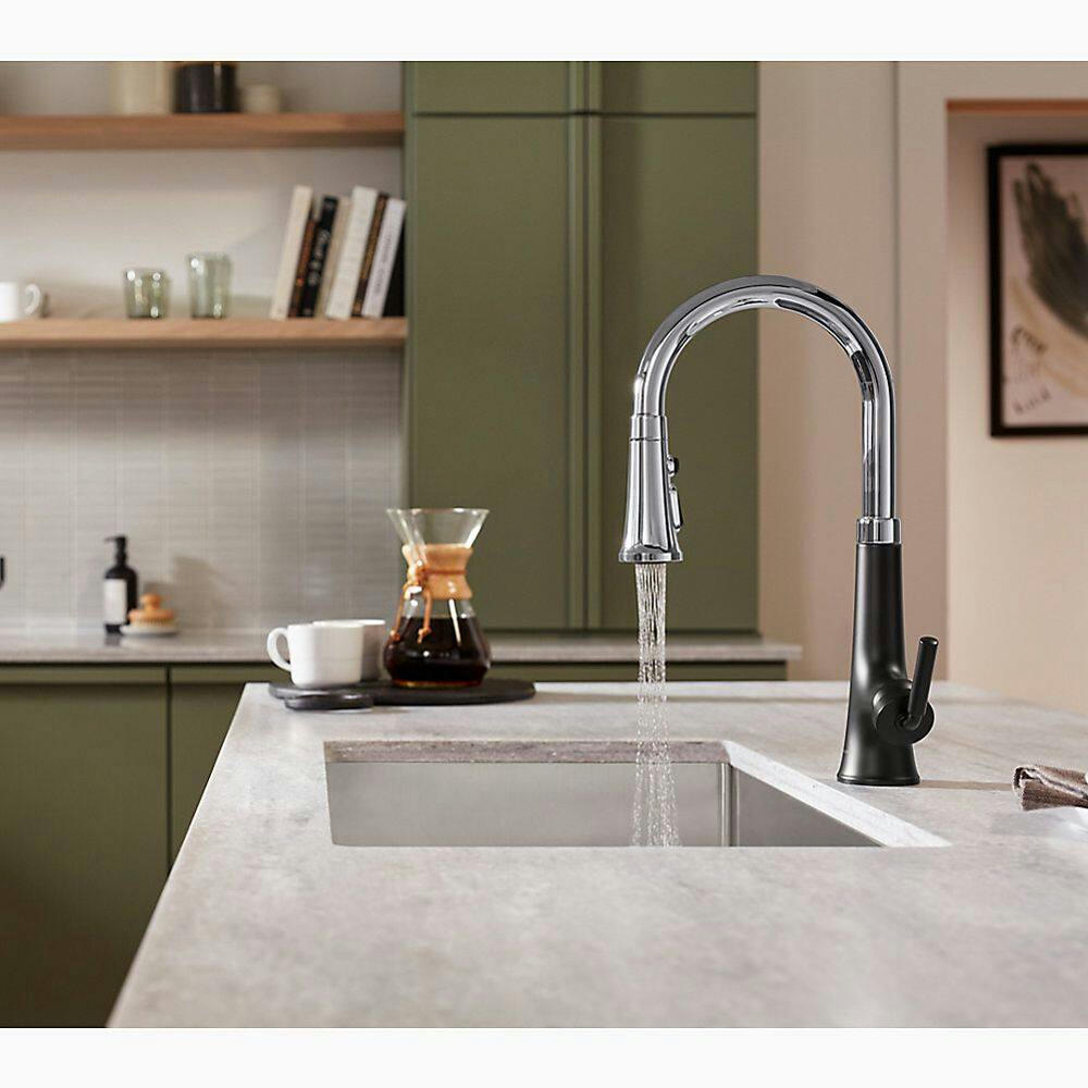 Kohler Tone™ Pull Down Single Handle Kitchen Sink Faucet, Polished Chrome/Matte Black