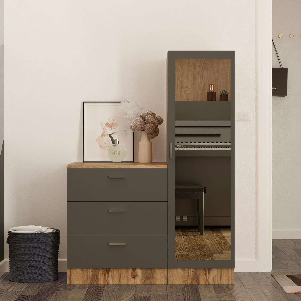 Armoire penderie compacte décor bois et gris 1 miroir MARFA