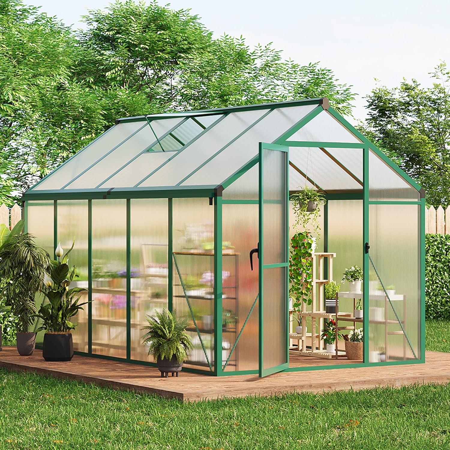 6x10 FT Greenhouse  Easy Assembly Aluminum Polycarbonate Greenhouses for Outdoors with Roof Vent and Ground Nails  Heavy Duty Aluminum Walk-in Greenhouse for Backyard  Sliding Lockable Door  Green