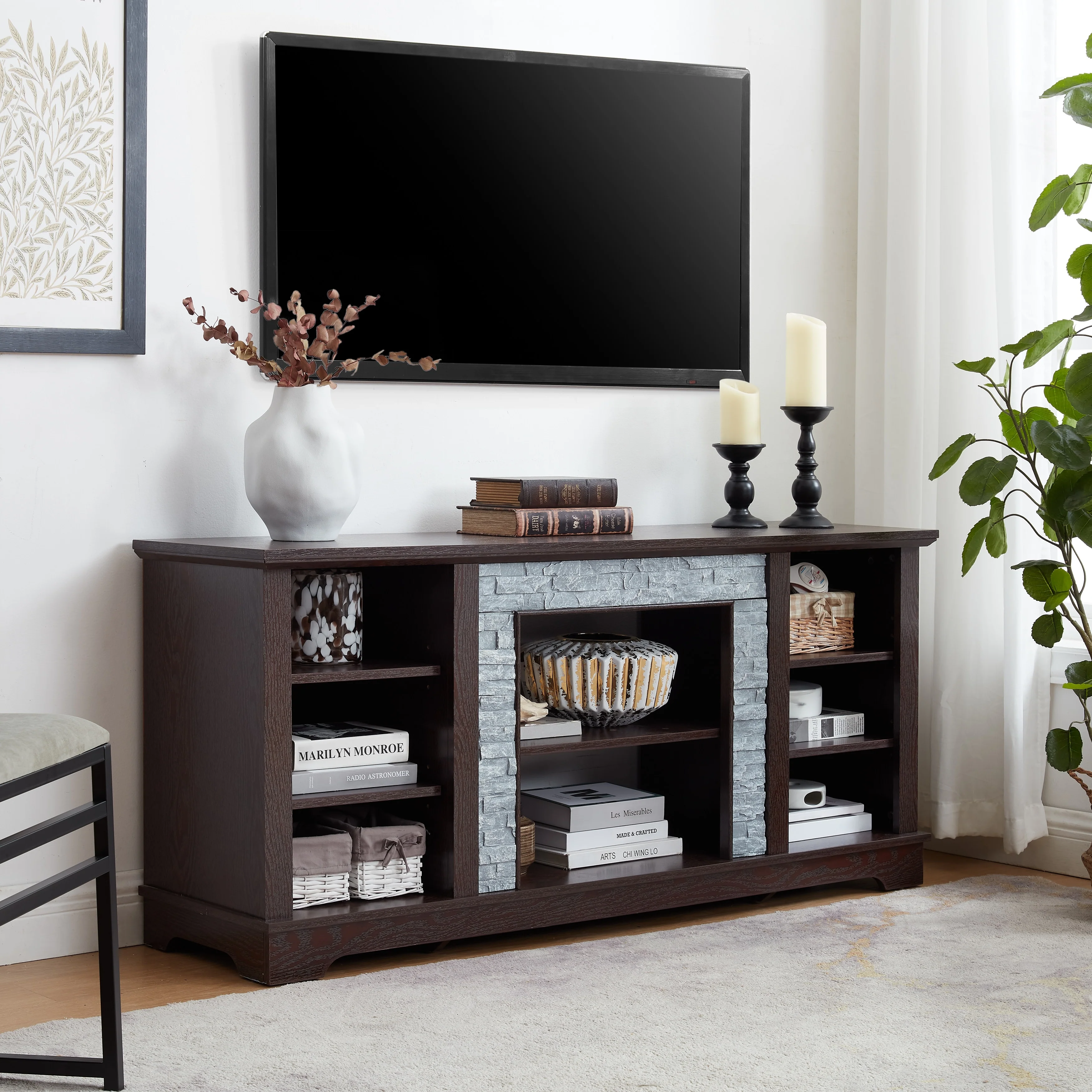 Mantel Stone TV Media Stand with Faux Stacked Stone Surround Modern Entertainment Console Featuring