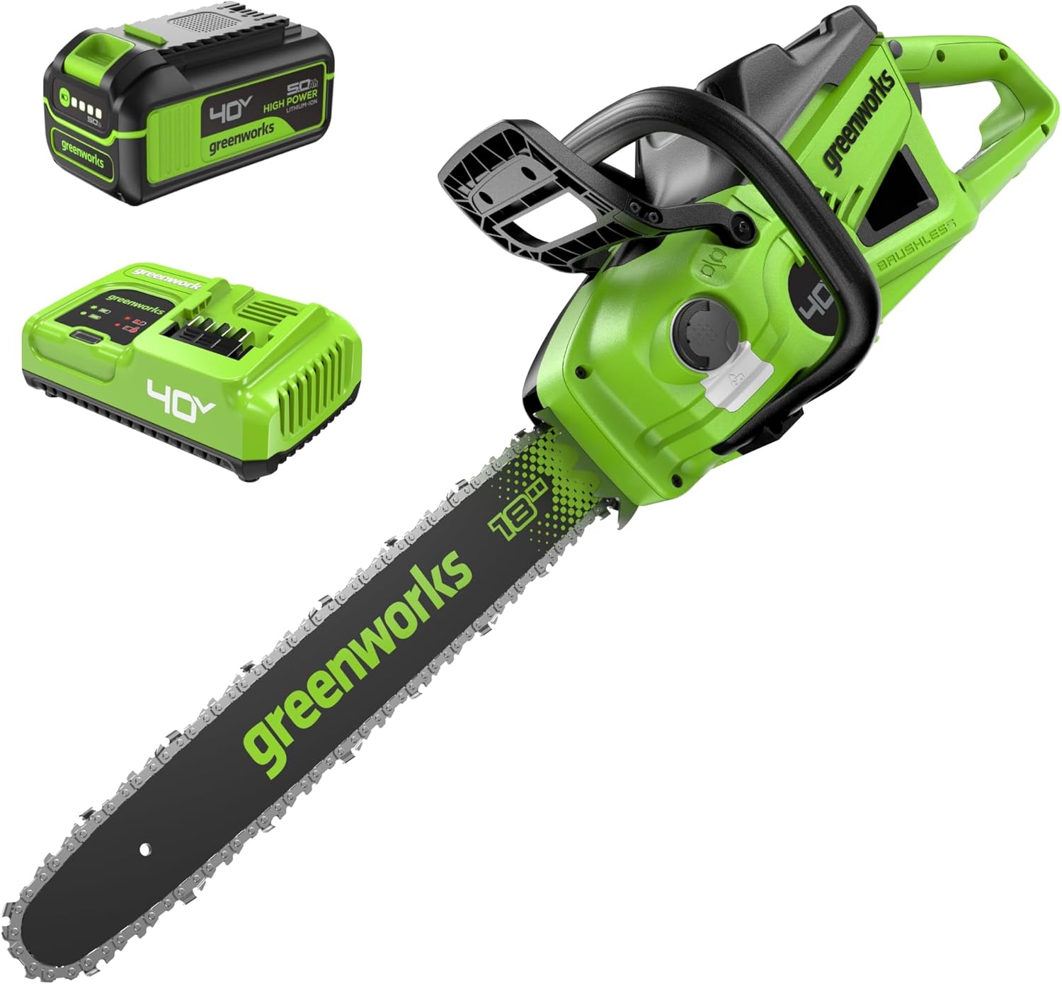 Greenworks 40V HP 18 BL Chainsaw Kit with 5.0Ah HP Battery and 5A Rapid Charger