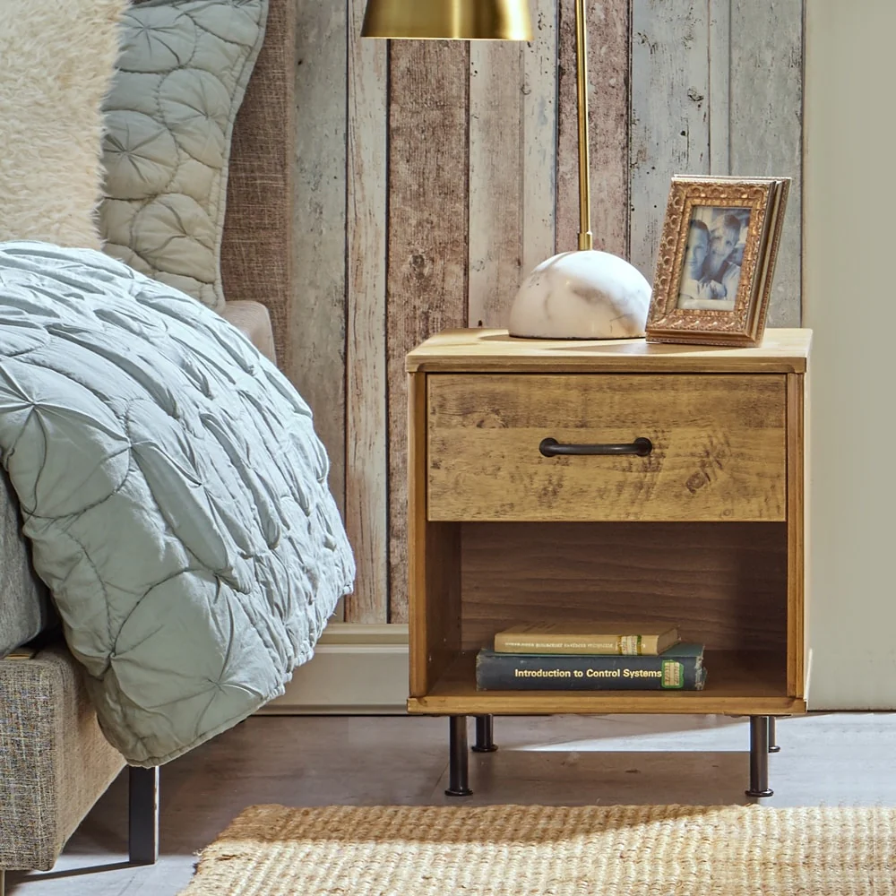 MUSEHOMEINC Rustic Solid Wood Nightstand with Drawer and Shelf for Bedroom Mid-Century Modern Style/Metal Leg Design/End Table