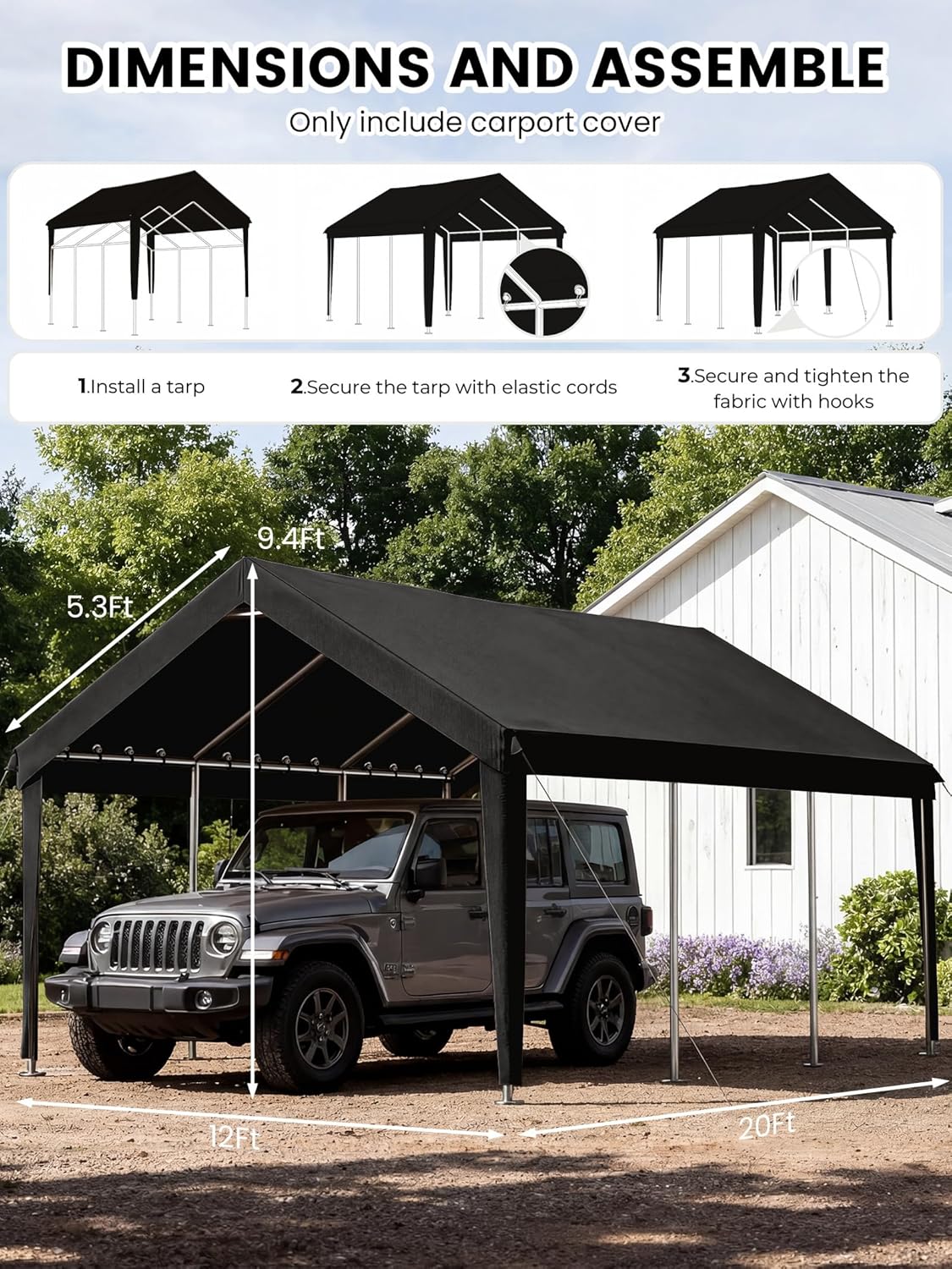 12 x 20 Ft Carport Replacement Cover, Heavy Duty Outdoor Car Tarp Canopy, Waterproof & UV Protected Tear Oxford Tarp with Ball Bungees (Frame is Not Included)