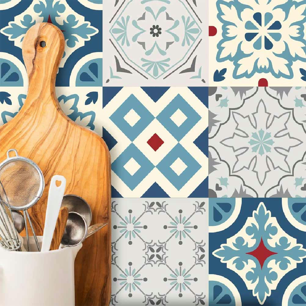- 6 stickers à carreaux de ciment blanc gris et bleu 15x15cm
