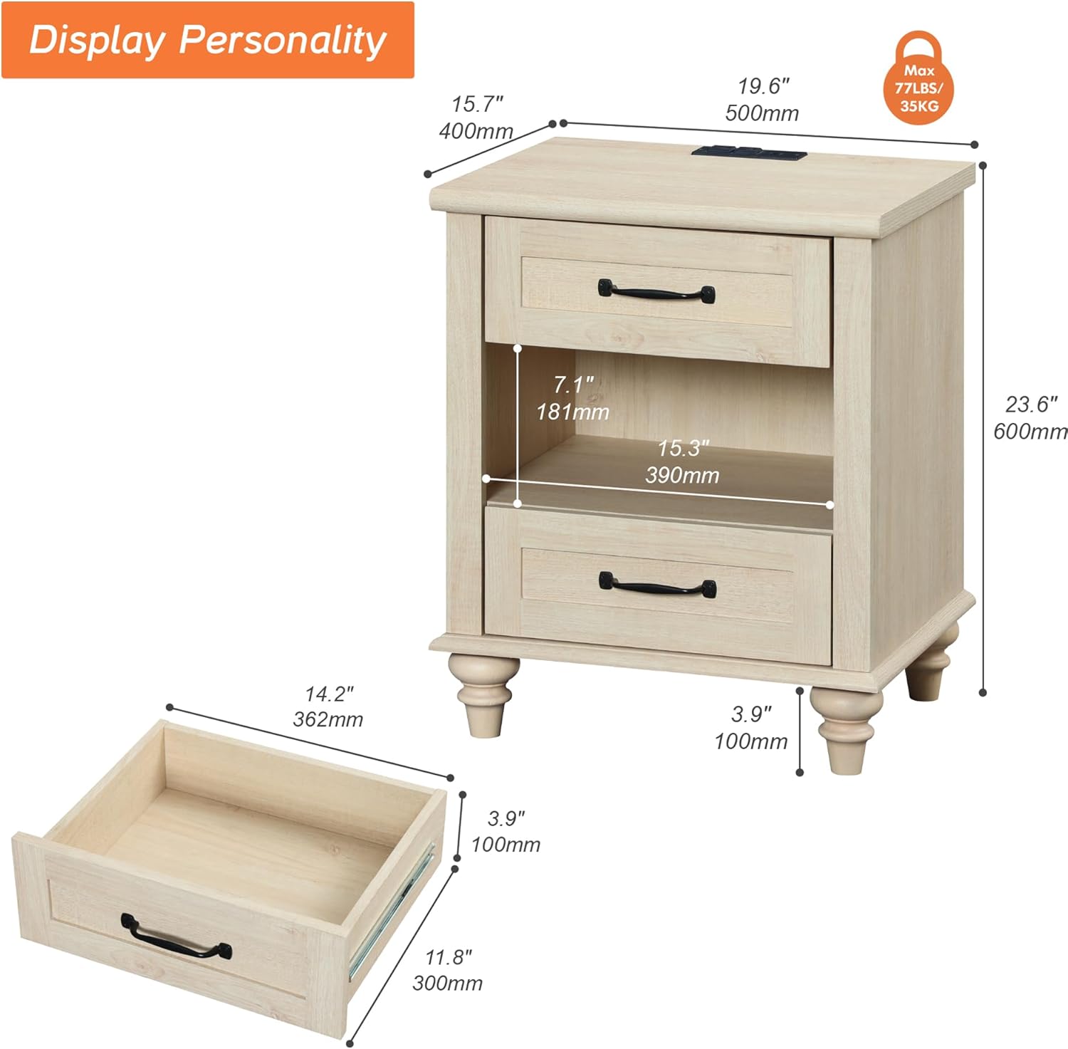 WAMPAT Mid Century End Table Nightstand with Charging Station, Small Side Table with 2 Drawers & Storage Shelf for Living Room, Light Wood Night Stand Bedside Table for Bedroom, Beige
