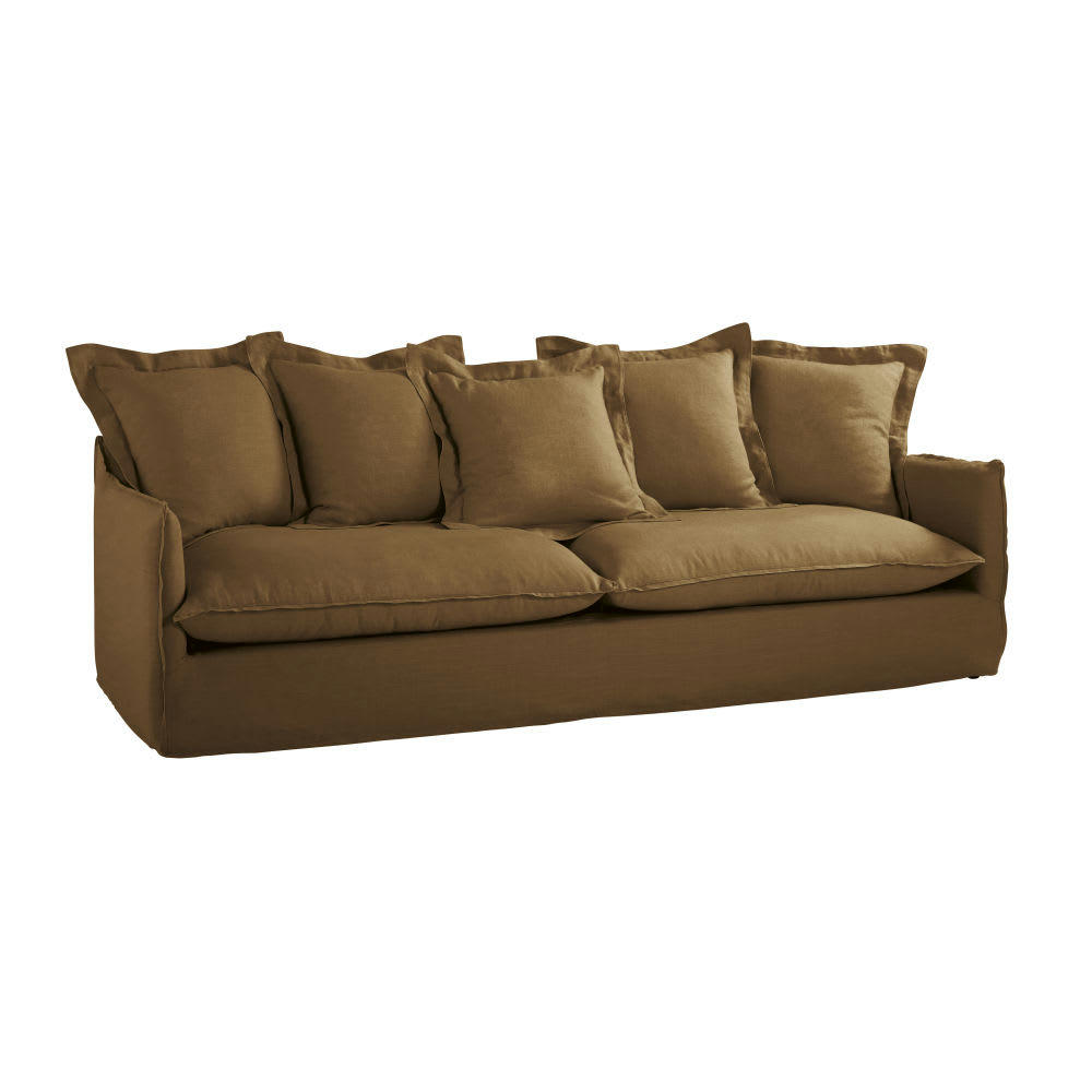 Barcelone - Canapé 4/5 places en lin froissé marron havane