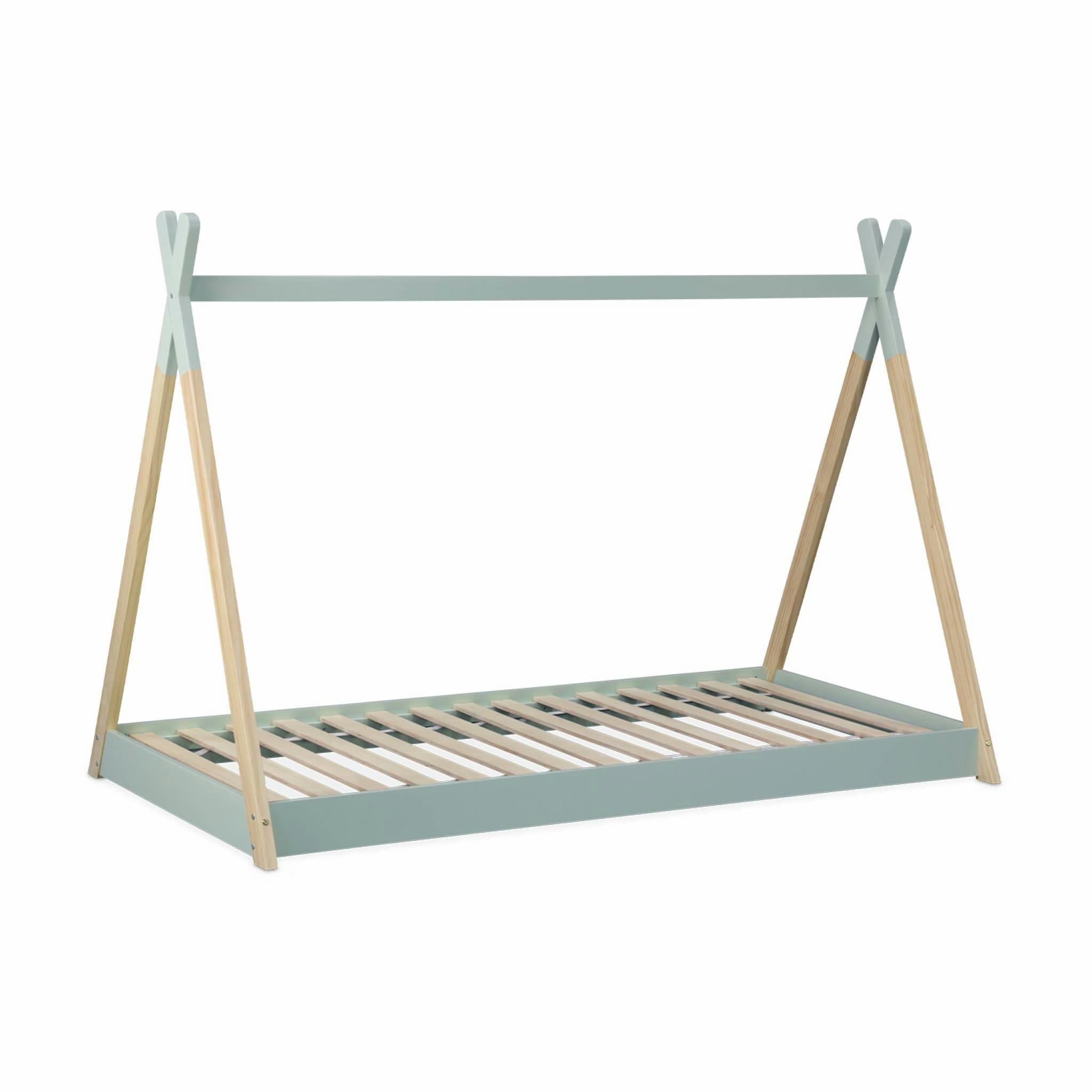 TOBIAS - Lit tipi 90x190 en bois massif, pin naturel vert céladon