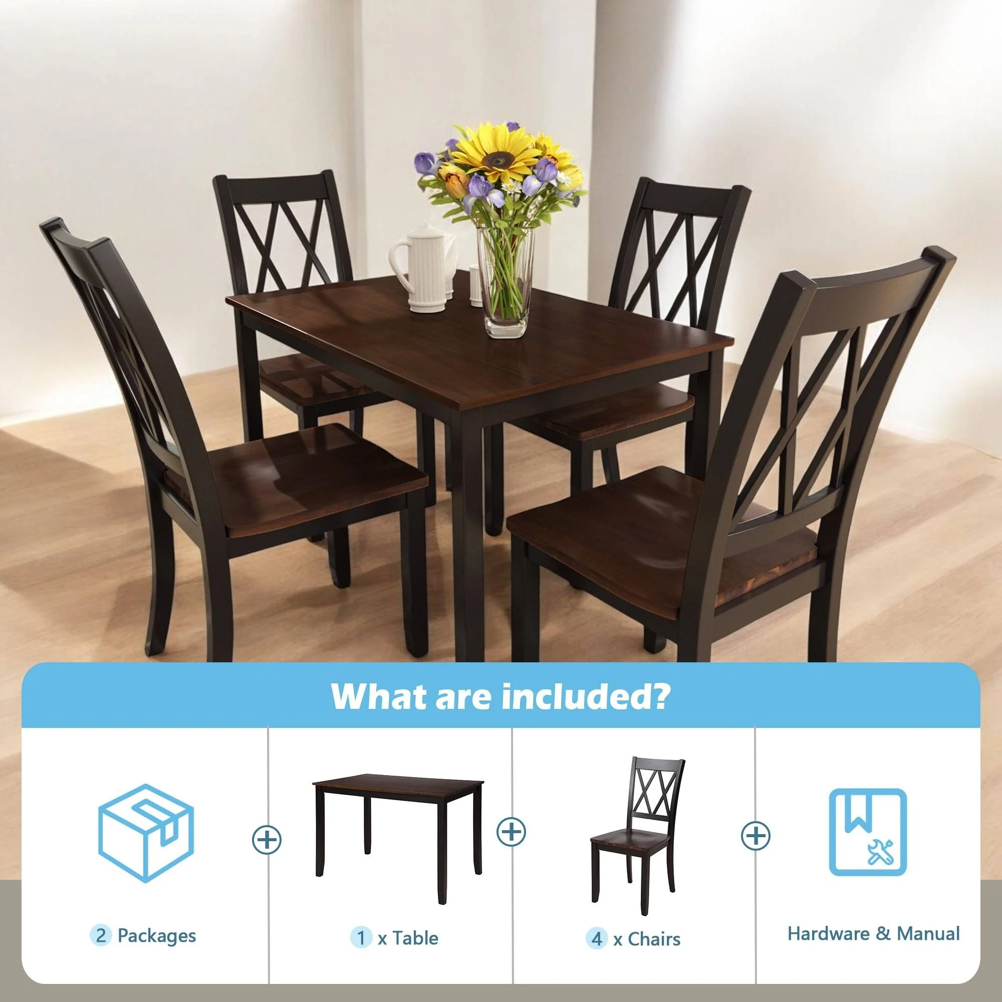 5-Piece Solid Wood Farmhouse Dining Set with Ergonomic Chairs and Waterproof Acacia Top for Dining Room and Kitchen
