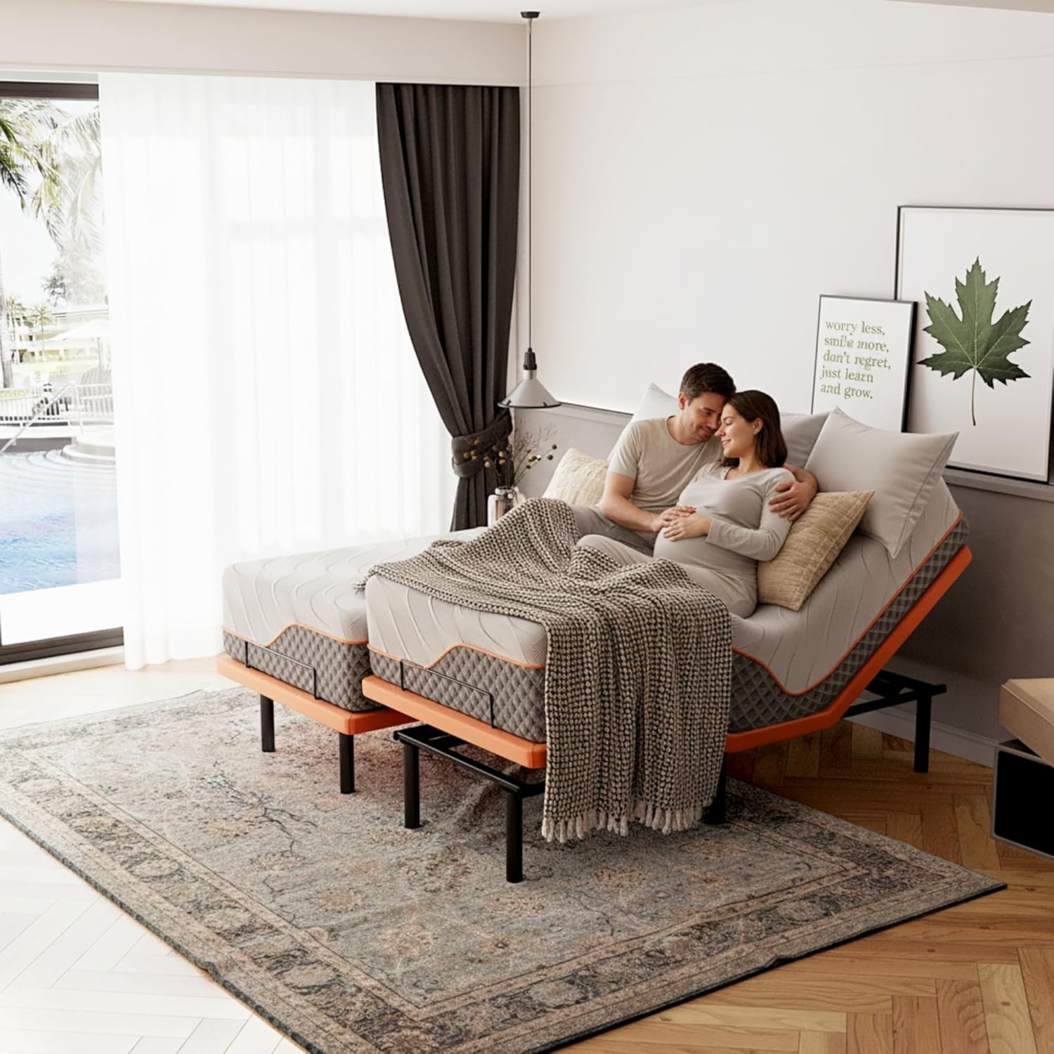 ESHINE Adjustable Bed Frame with 12 Hybrid Mattress with Luxury Gel Memory Foam(Medium), Split King Upholstered Bed Frames with Massage, Wireless Remote, USB, Under Bed Night Light, Head/Foot Incline