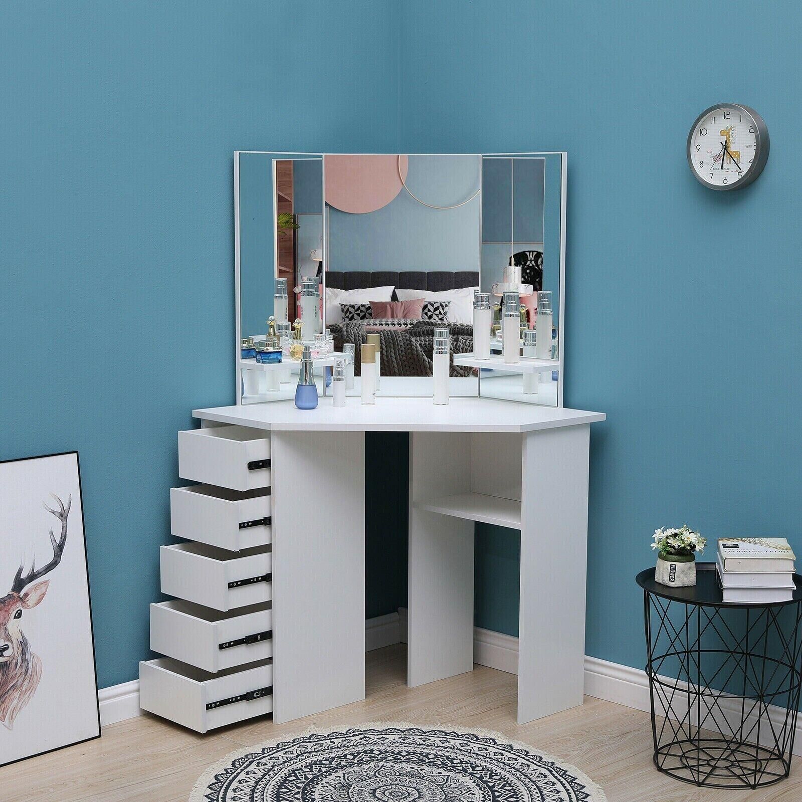KOSY KOALA Corner Dressing Table Makeup Vanity Table With 3 Mirrors 5 drawers