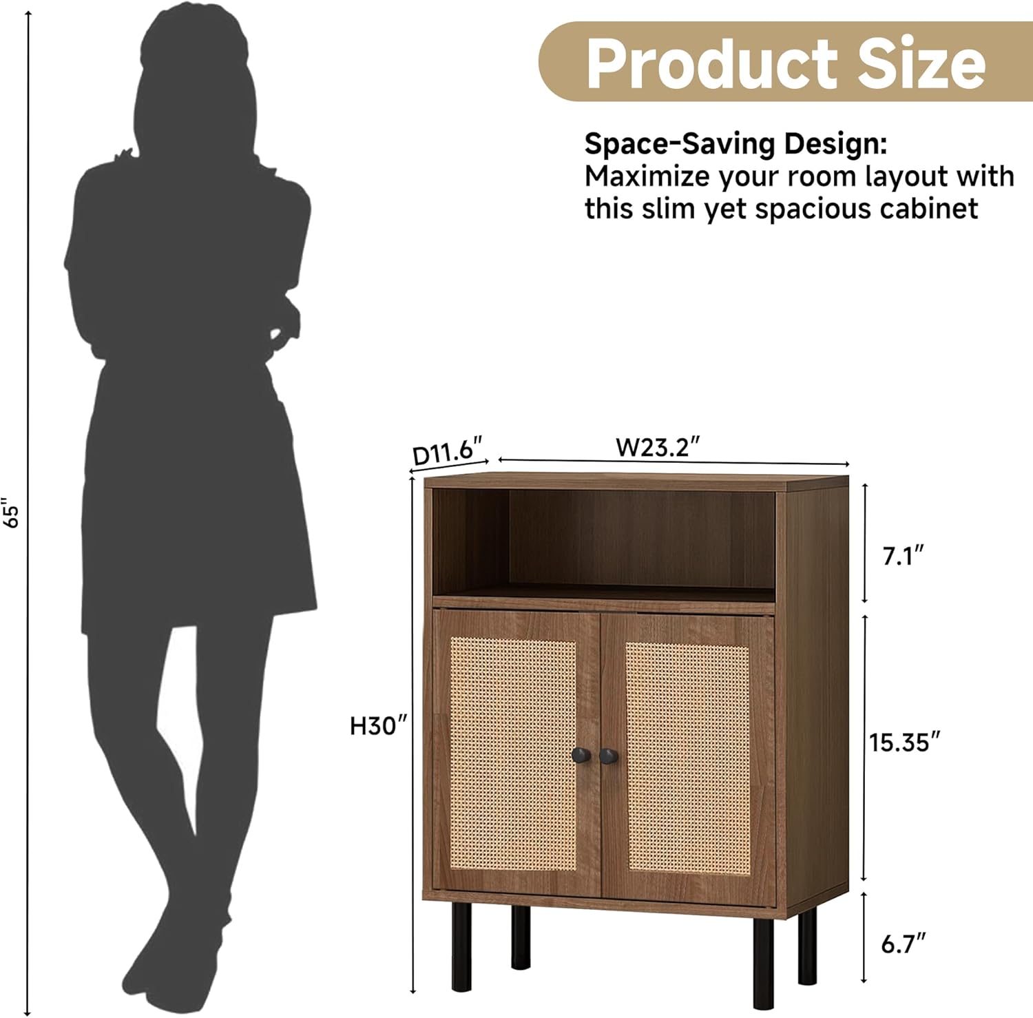 Rattan Storage Cabinet, Boho Accent Cabinet with Double Doors, Small Freestanding Sideboard for Hallway, Laundry Room,Kitchen, Dining Room, Entryway (Walnut)