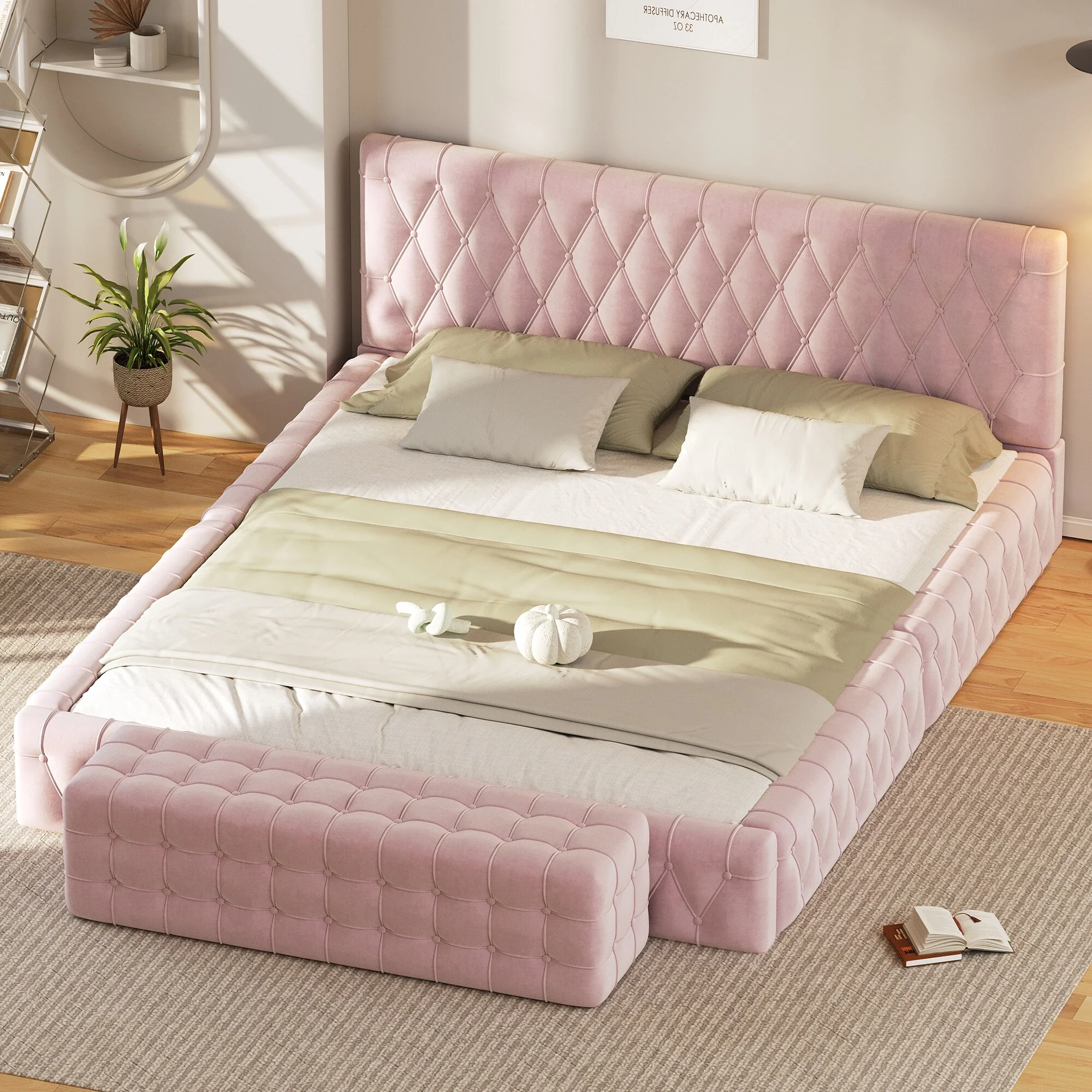 2-Piece Bedroom Set: Queen Upholstered Bed and Rectangular Ottoman, No Box Spring Needed