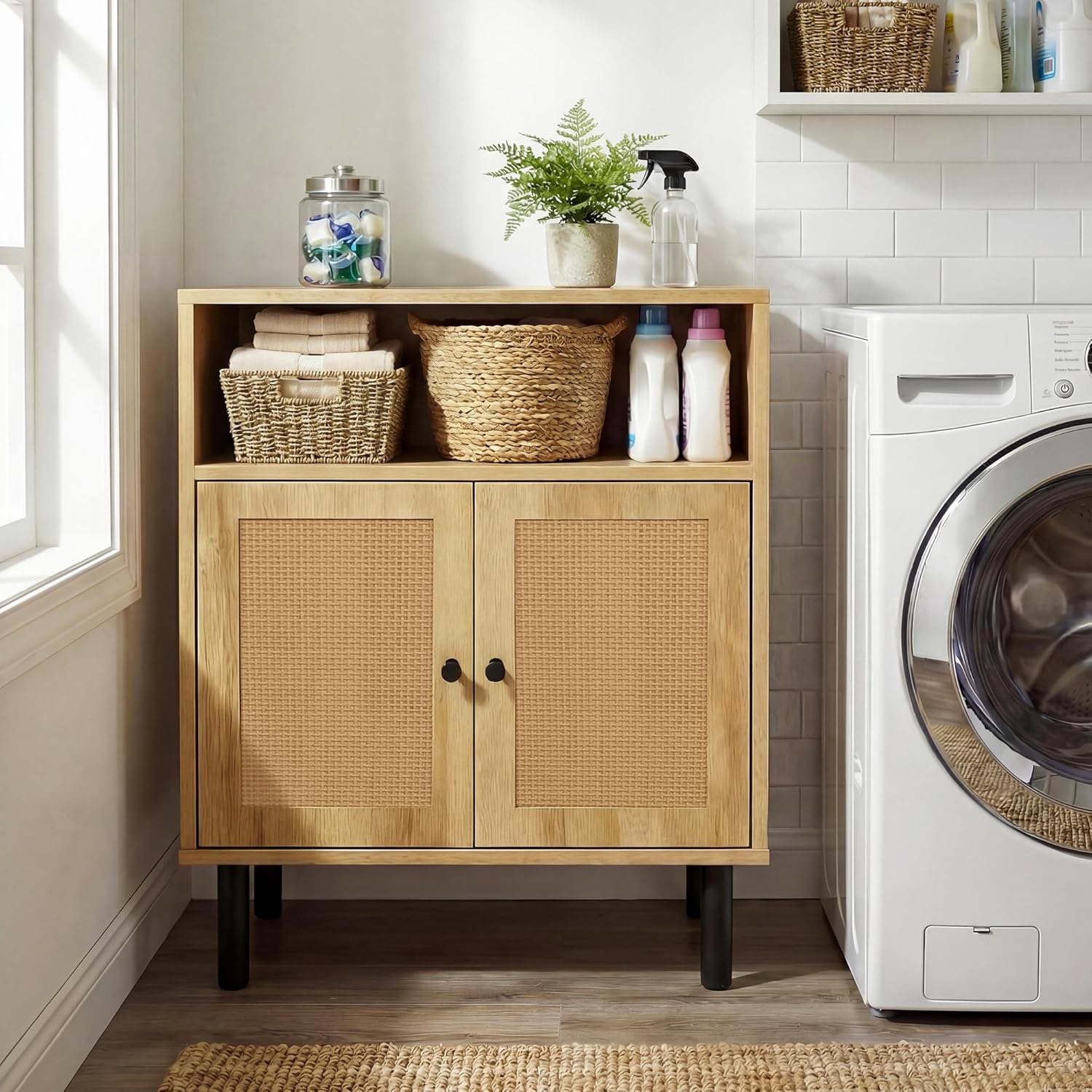 Narrow Storage Cabinet with Rattan Doors, 32 Tall Small Cabinet for Bathroom, Small Space Hallway Entryway, Free-Standing Sideboard for Laundry Room Kitchen, Easy Assembly(Dark Oak)