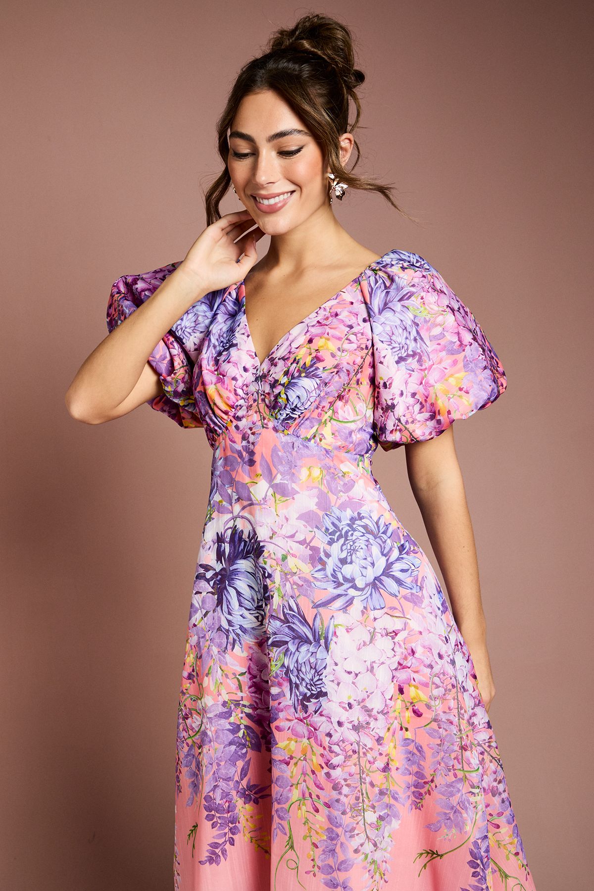 Coast Floral Print Organza Puff Sleeve Midi Dress