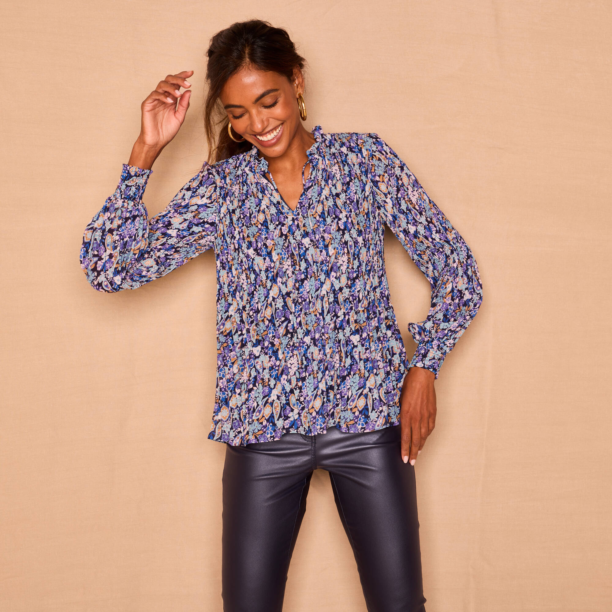 Blouse plissée imprimé fleuri, voile