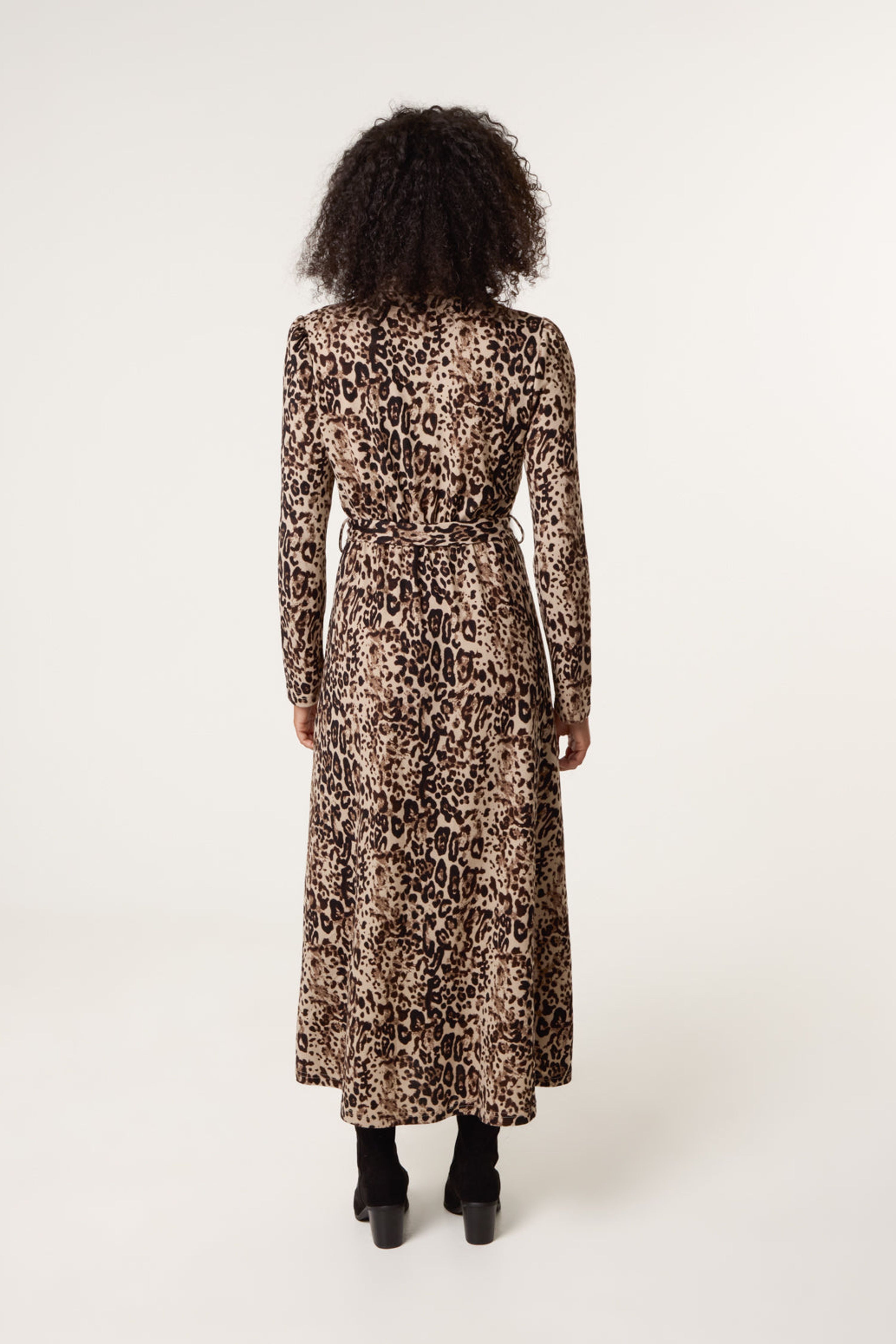 Blue Vanilla Brown Soft Touch Leopard Print Midi Shirt Dress