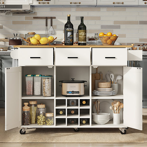 Îlot de Cuisine Mobile - desserte avec Plan de Travail et Porte-Serviettes - MDF - Blanc - 124x40-65x91,5 cm