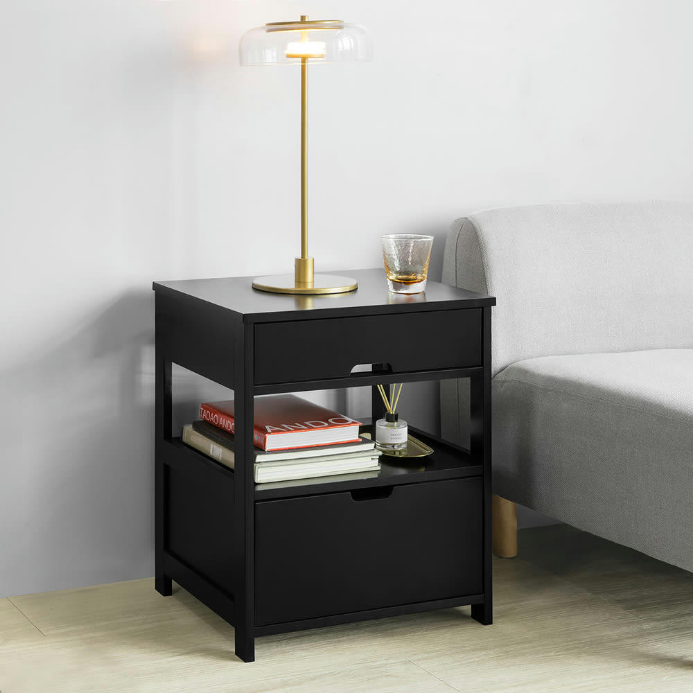 - Table de chevet avec 2 tiroirs effet bois noir