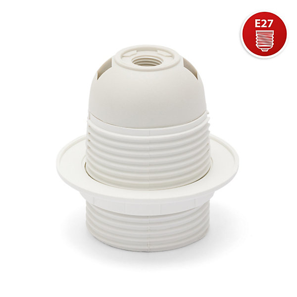 Douille thermoplastique E27. Partiellement filetée, avec écrou à anneau. Blanc