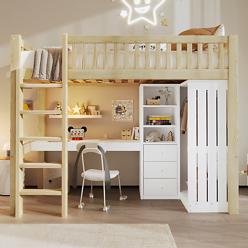 Lit mezzanine 90x200cm - bureau et armoire - 3 tiroirs - escalier - naturel (matelas non inclus)