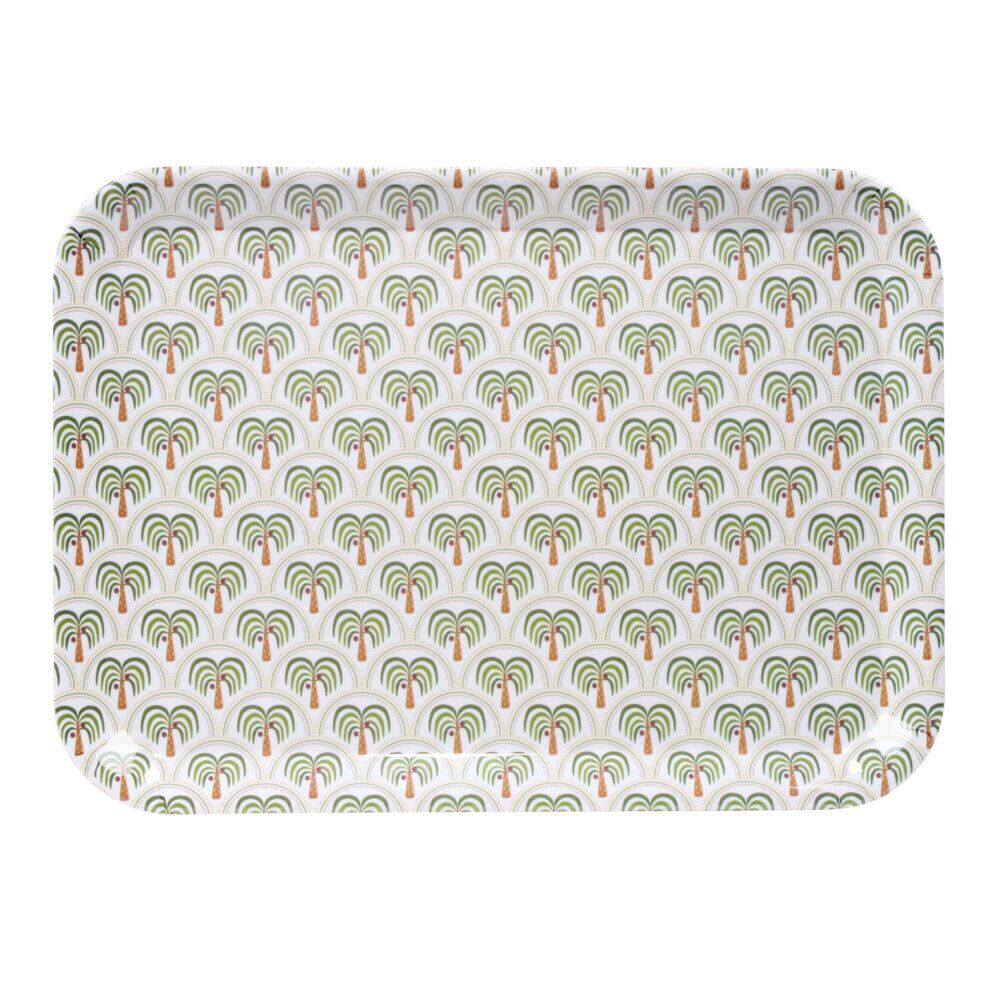 Plateau rectangulaire mélaminé motif Indie palmier vert et gris 30x41,5cm