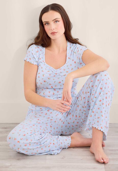 Womens Blue & Red Ditsy Wide Leg Pyjama Bottoms