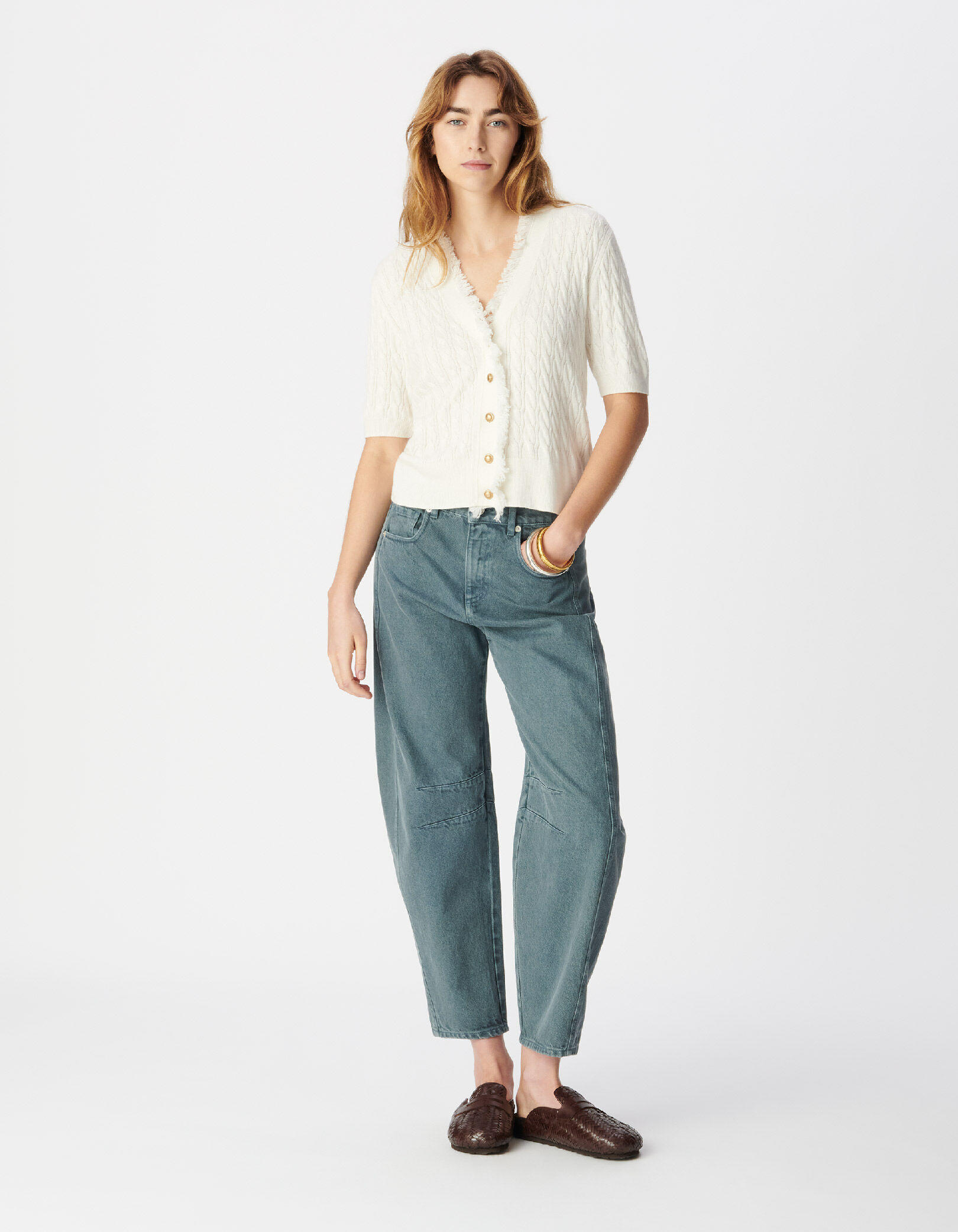 Cardigan manches courtes blanc tricot torsadé Femme