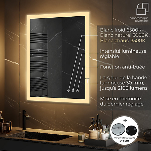 Miroir LED lumineux TEMEO 50 x 70 cm (ou 70x50) antibuée   intensité 2100 lms &couleur réglables salle de bain - Saniverre