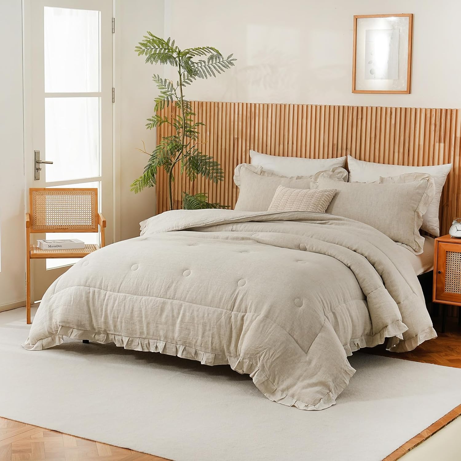 Merryword Linen Ruffled Comforter Set Queen Size 3 Pieces Natural French Flax Linen Bedding Shabby Chic Farmhouse Comforter Soft Breathable Moisture Wicking Bedding Set