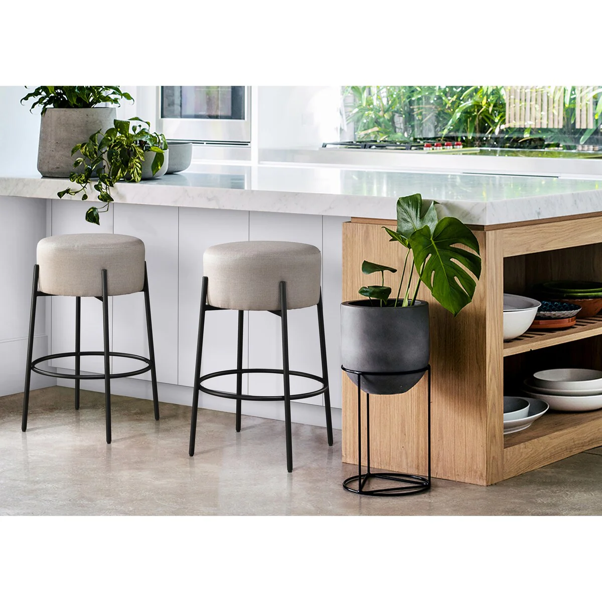 LuXeo Danica Bar Stool Black Steel Legs with Upholstered Seat (Set of 2) - N/A