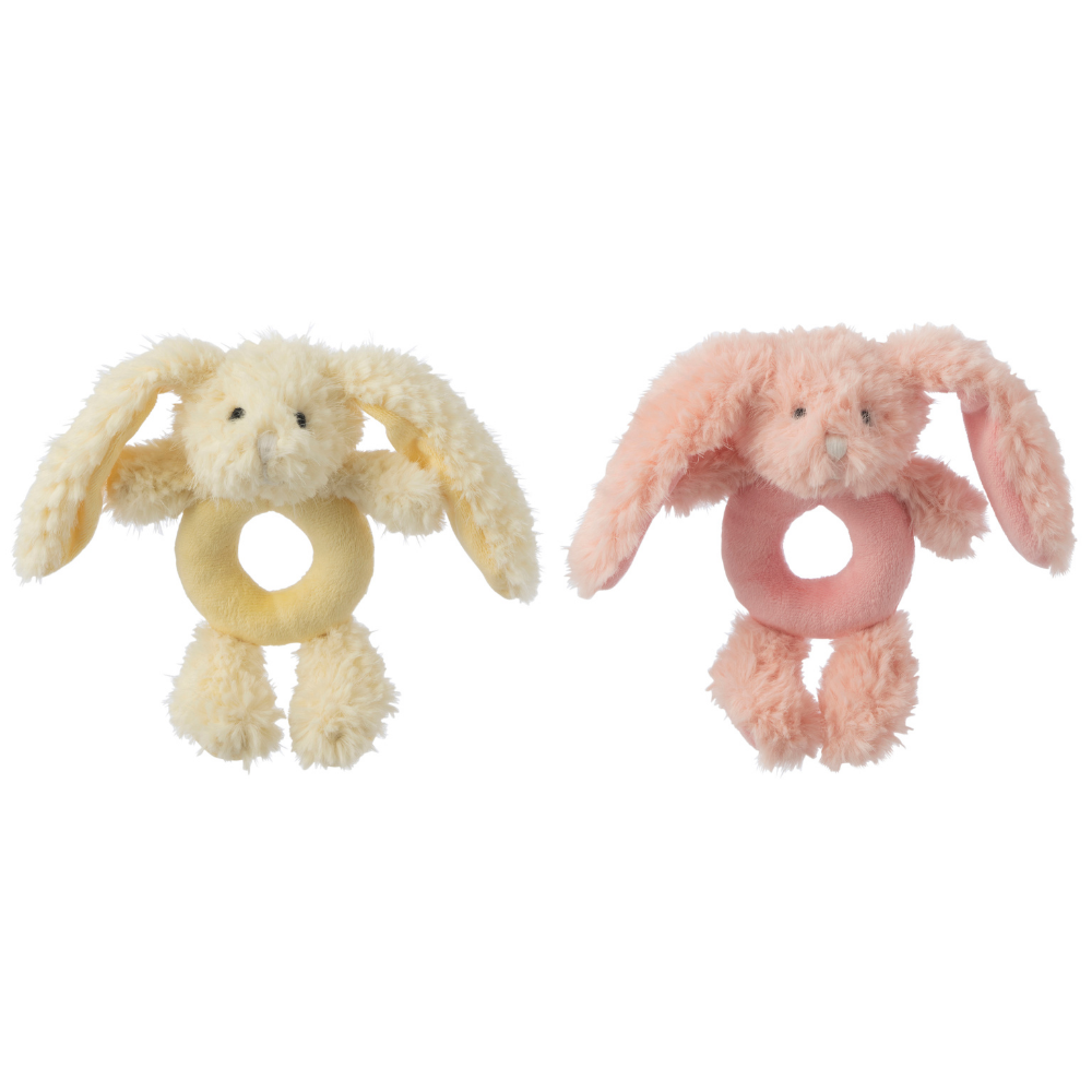 J-Line knuffelbeer Konijn Ring - polyester - roze/geel - set van 2