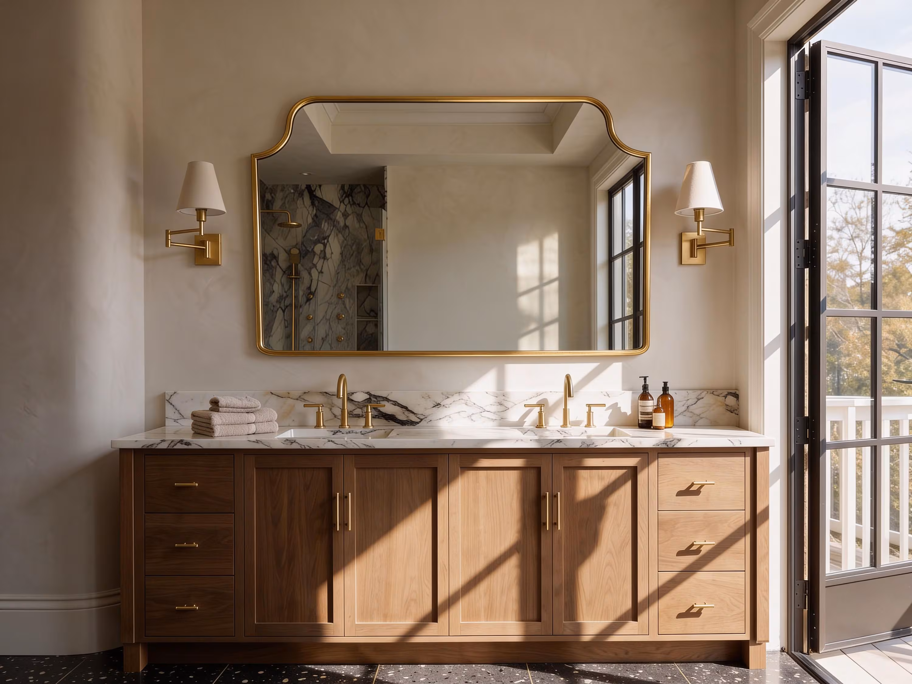 Wide Wall Authentic Brass Mirror for Double Vanity, Mantel or Master Bathroom Decor – Horizontal Design, Customizable Size