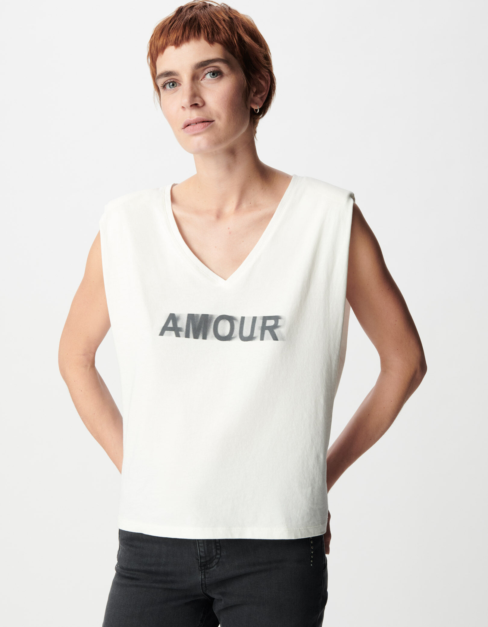 Tee-shirt blanc coton bio message épaulettes Femme