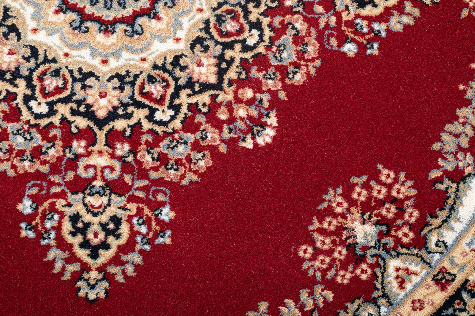 DOLNA - Tapis d'orient floral, tissé, laine naturelle rouge Diam 240 cm