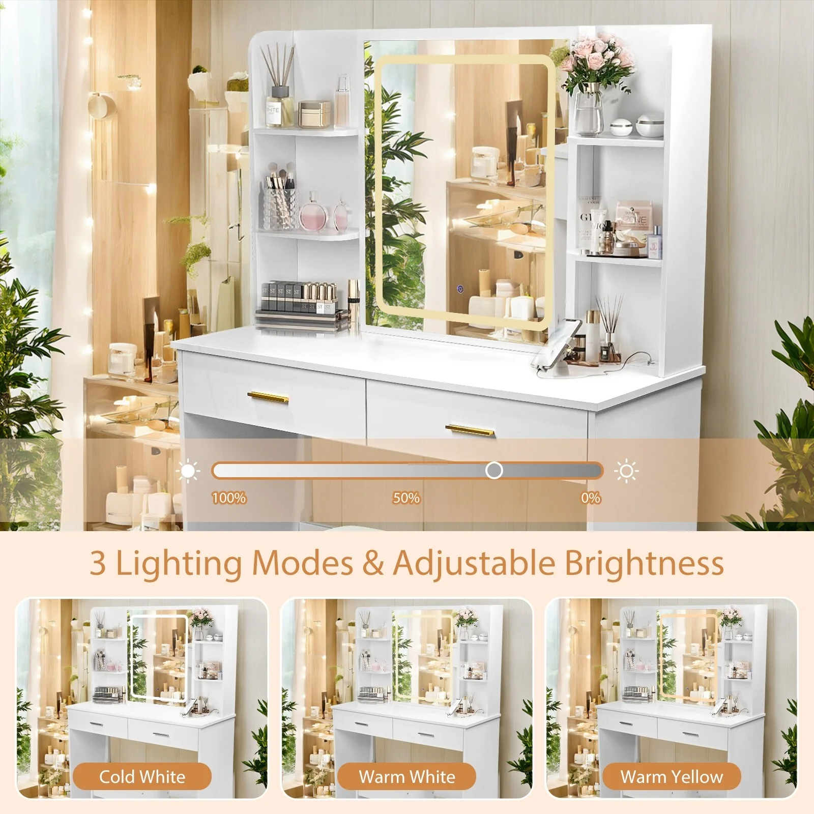 Vanity Desk with Mirror & Power Outlet , Dressing Table Set with Cushioned Stool, 3 Lighting Modes & Adjustable Brightness