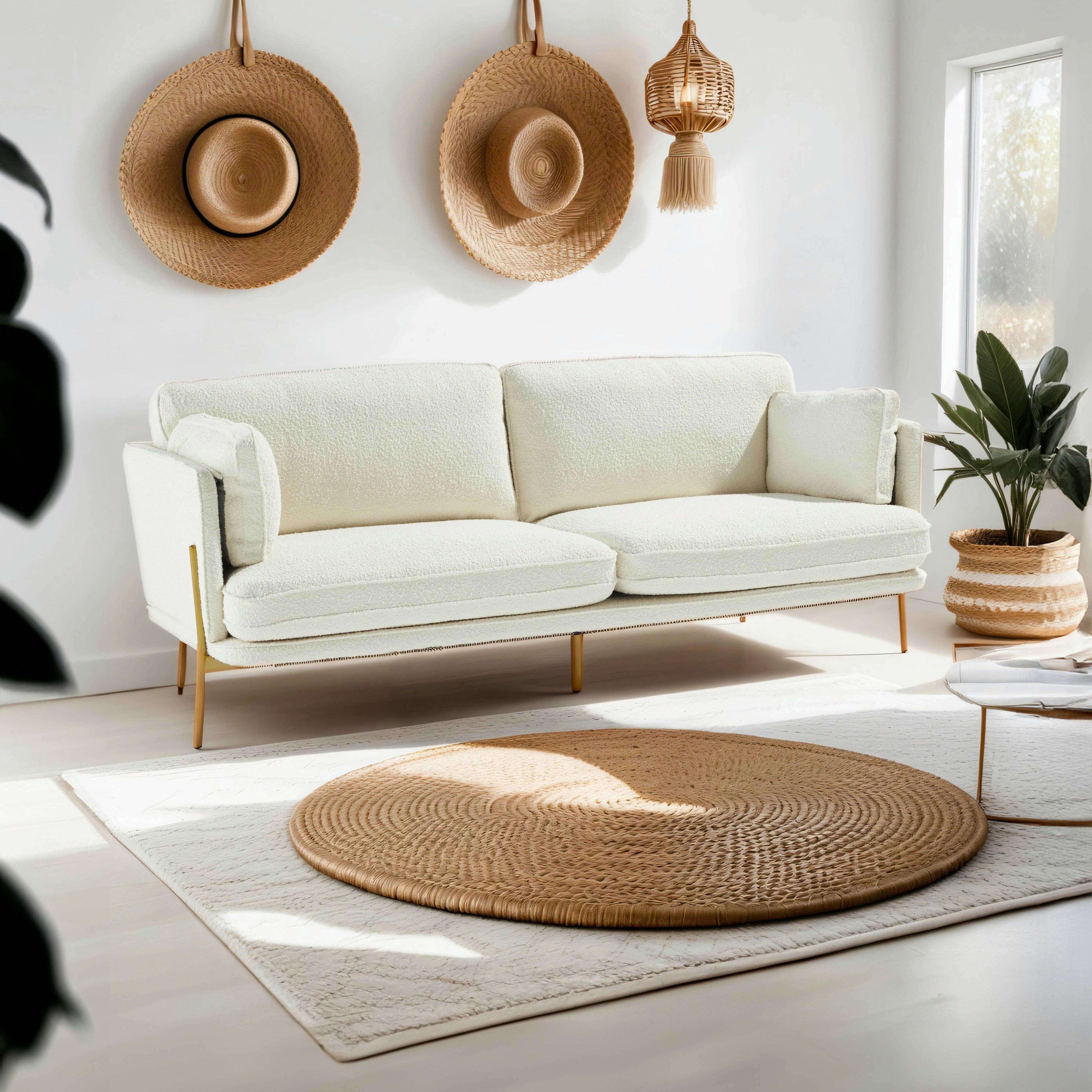 PANDOR - Canapé en tissu bouclette 3 places ecru