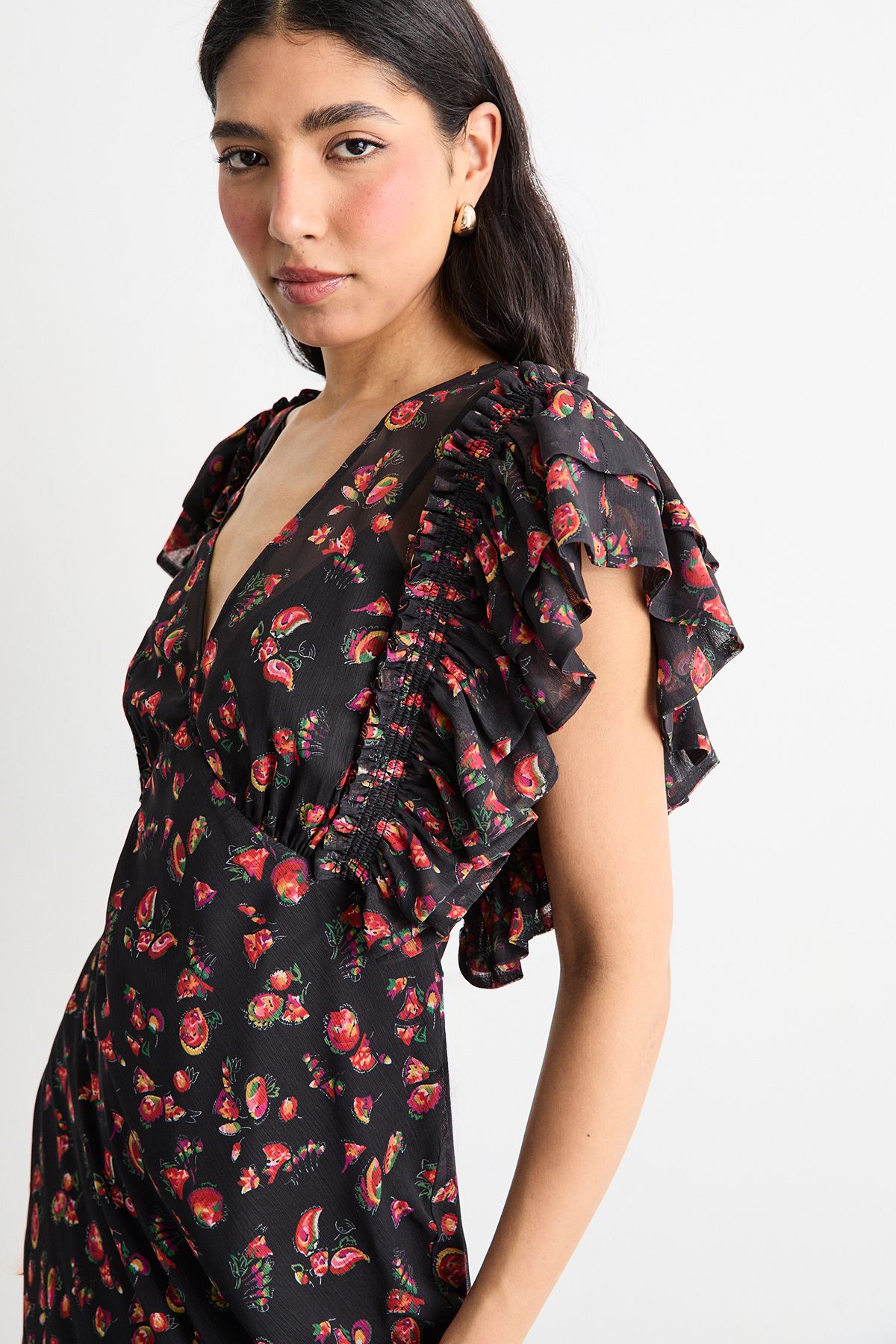 Warehouse Floral Print Ruffled Sleeve V Neck Maxi Dress