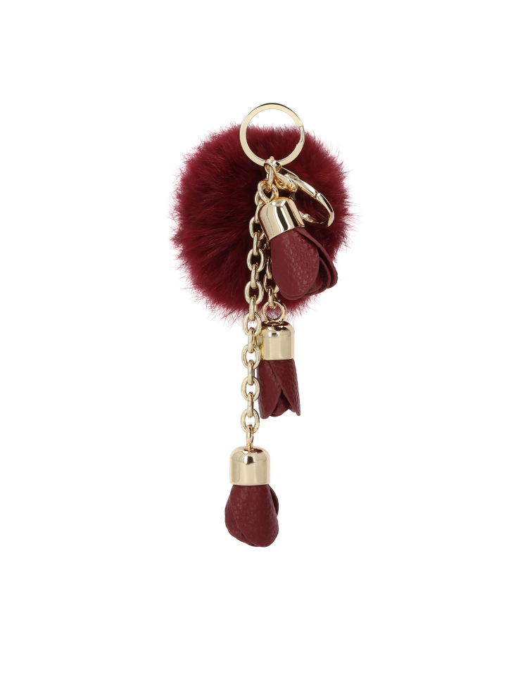Maroon key ring with pom-pom and leather details