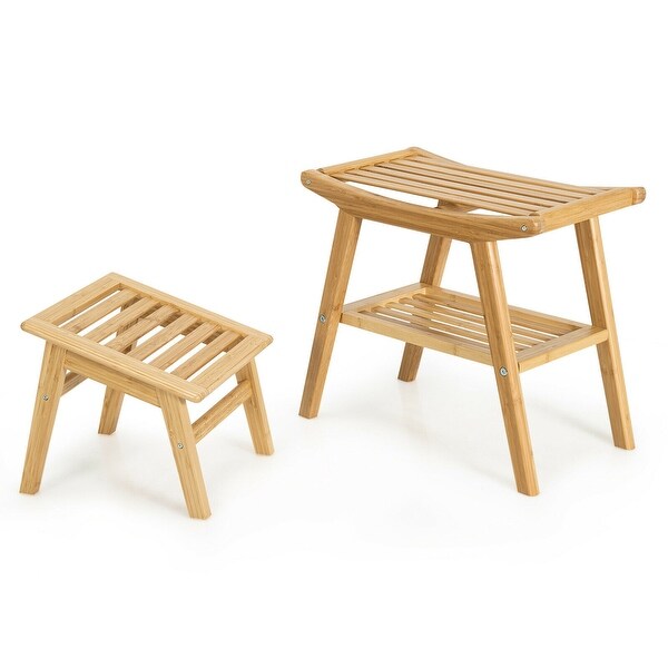 Bamboo Shower Seat Bench w/Underneath Storage Shelf, Spa Bath Seat