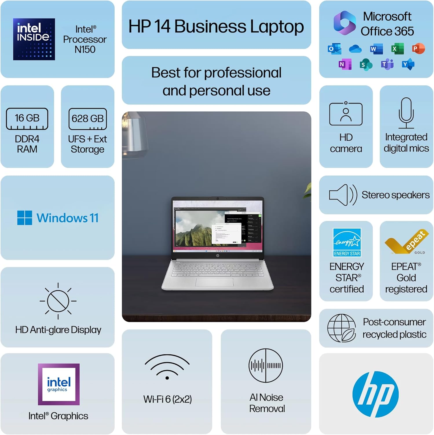 HP 14 Laptop Computer 2025 Ultra Light, AI Copilot Student Business, Quad-Core Intel, 16GB RAM, 628GB Storage (128GB UFS+ 500GB Ext), 1 Yr Office 365, 12 Hr Battery MarxsolAccessory Win 11S, Silver