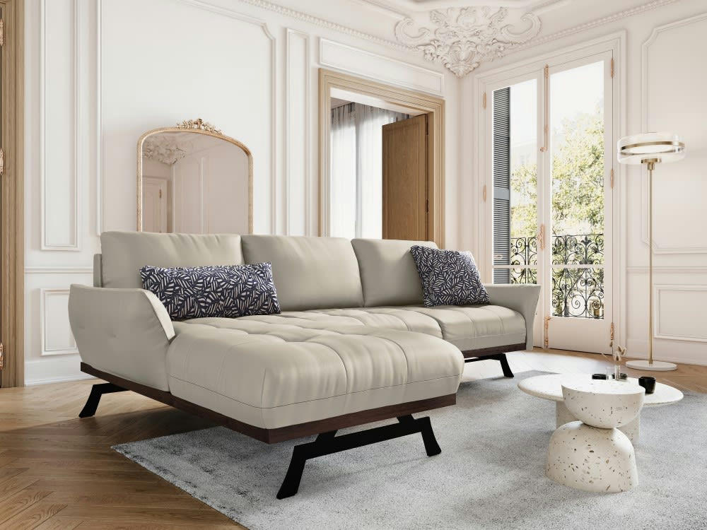 OLIVIER - Canapé d'angle 4 places en cuir gris clair