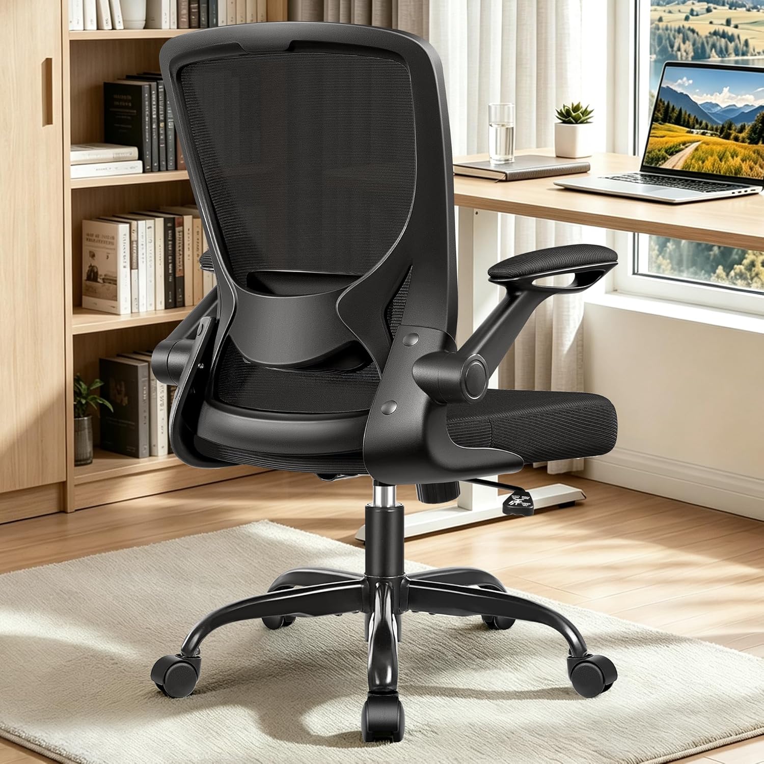 BESTFAIR Ergonomic Office Chair, Mesh Computer Desk Chair with Lumbar Support, Swivel Chair with Flip-up Arms and Adjustable Height, Black