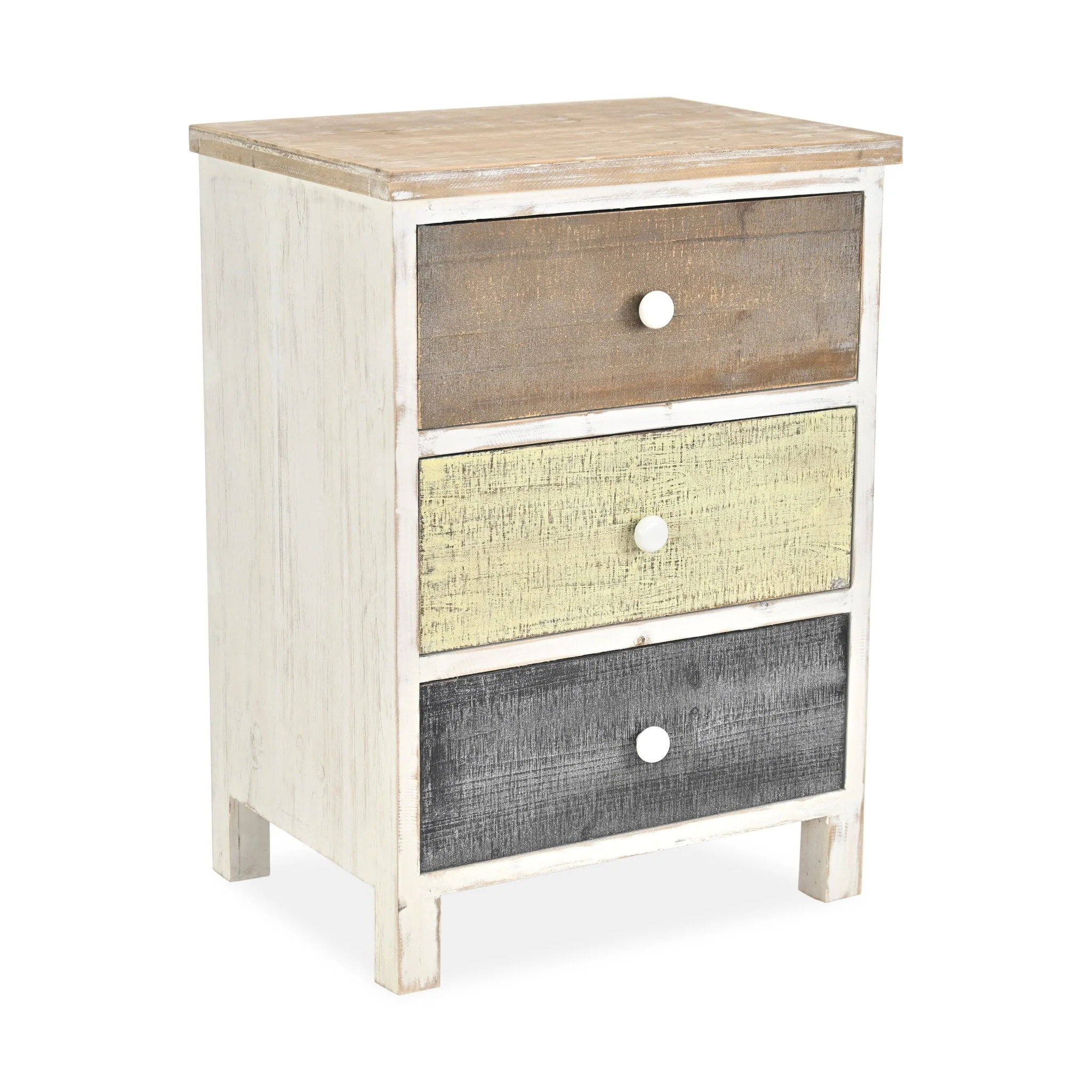 HomeRoots 19 White Gray and Natural Distressed Accent Cabinet With Three Drawers - 19 W x 13.7 D x 26 H