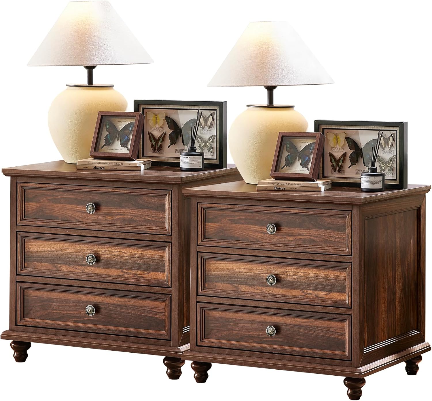 24 Wide Farmhouse Night Stand Set of 2,Large End Table with 3 Drawers & Metal Handle,Brown Wood Dresser for Bedroom Cabinet, Bed Side Table Chest of Drawers,Nightstand for Living Room,Closet