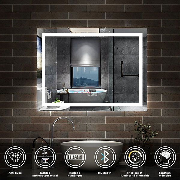 Miroir de salle de bain LED Bluetooth 100x60 cm, tricolore   horloge   mémoire   dimmable   anti-buée, AICA SANITAIRE