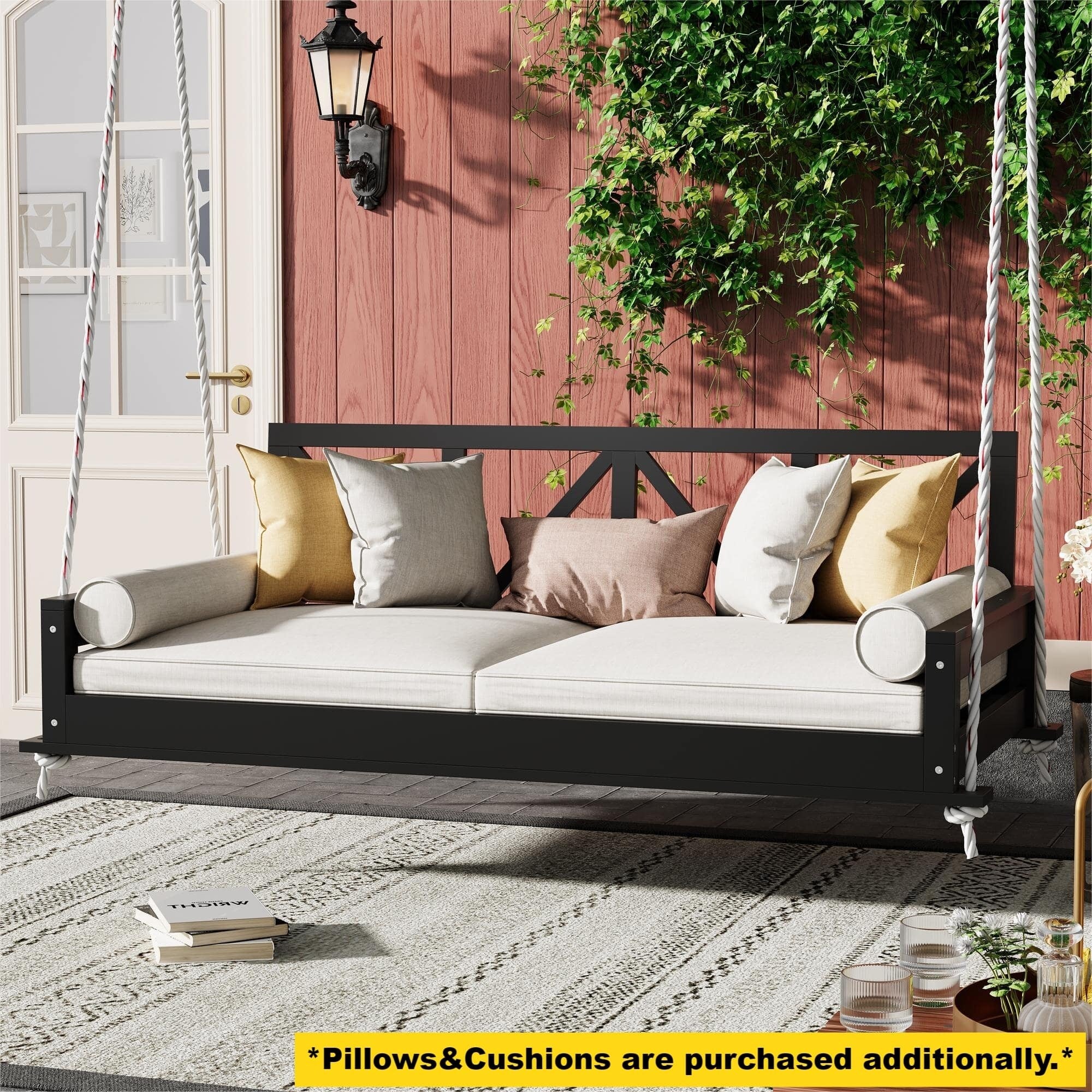 Acacia Wood Twin Size Patio Swing Bed Modern Porch Swing Hanging Bed Frame with 16.4ft Hemp Ropes for Garden,Backyard