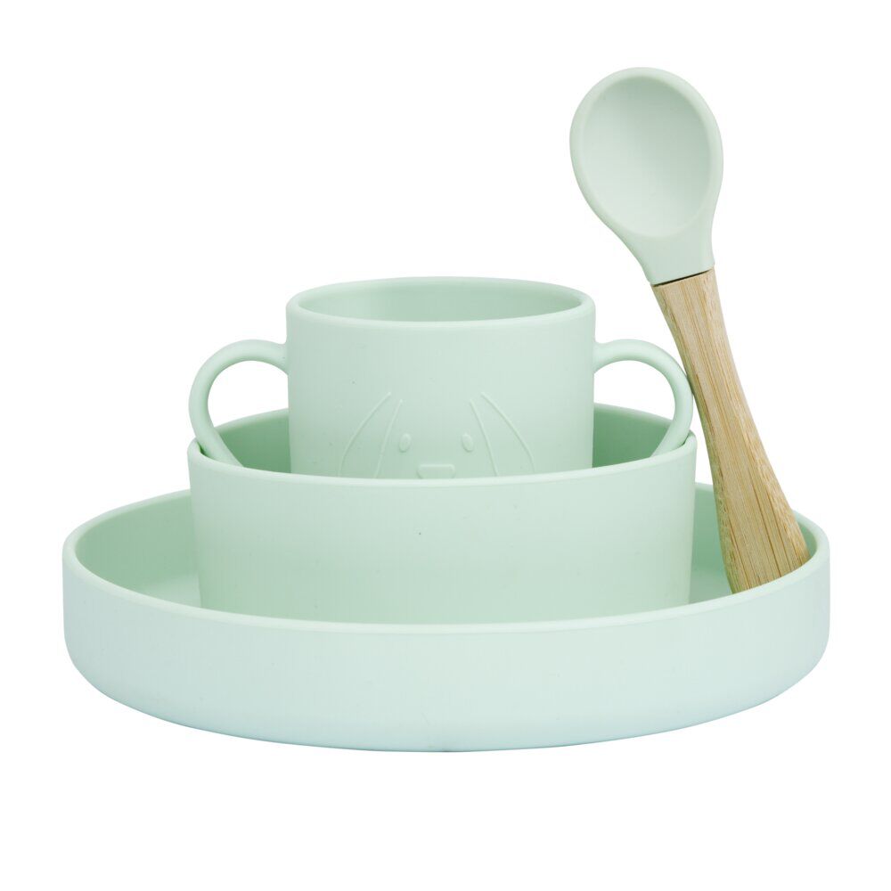 Coffret repas Bébé silicone 4 pièces vert et bois