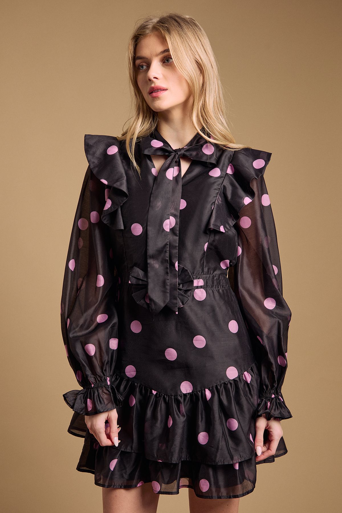 Oasis Tie Neck Ruffle Fit and Flare Mini Dress