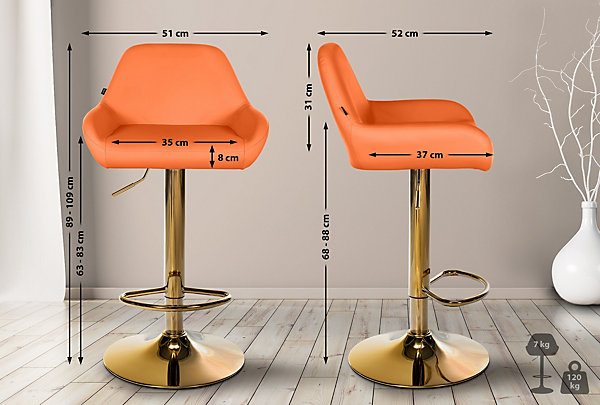 Ensemble de 2 tabourets de bar Braga en simili cuir, structure dorée, réglable en hauteur, pivotant 360, repose-pieds Orange